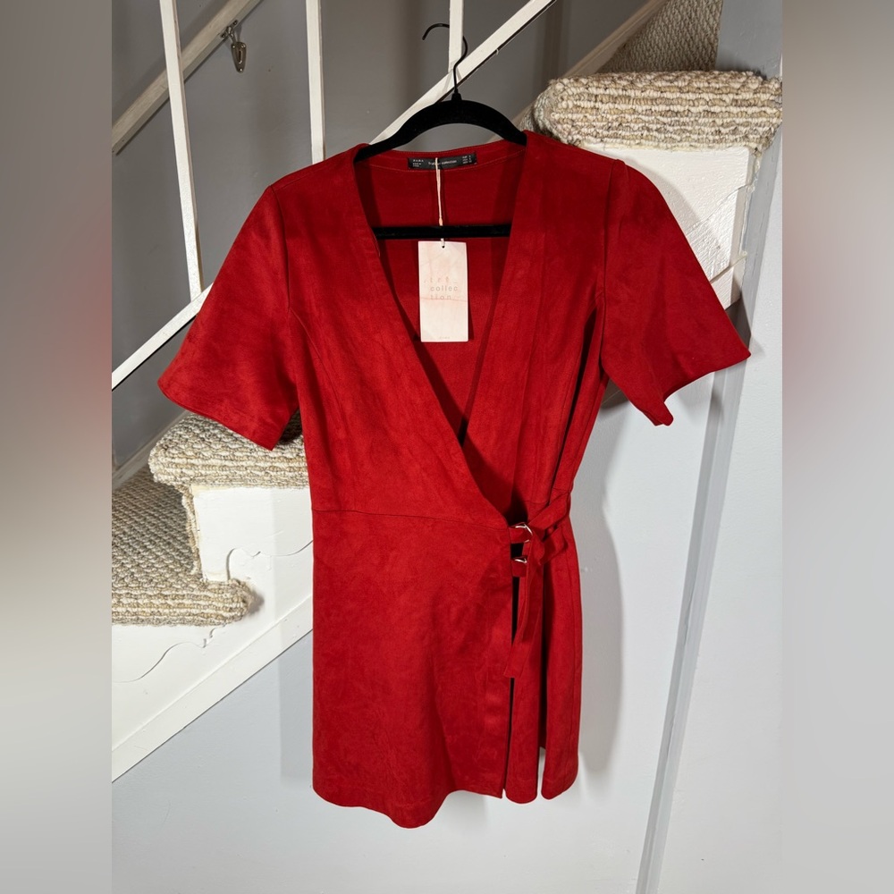 NWT Zara Trafaluc Deep Orange Vegan Suede Wrap Dress